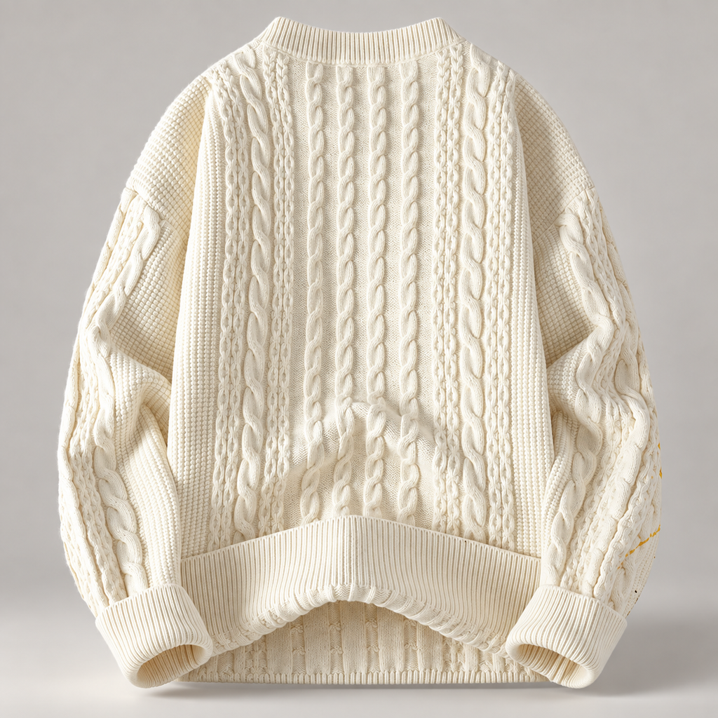 Emmett Cable Knit Crewneck Sweater with Multicolor Paint-Splatter Pattern