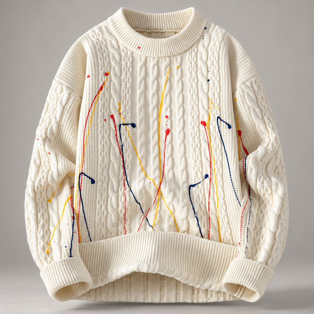 Emmett Cable Knit Crewneck Sweater with Multicolor Paint-Splatter Pattern