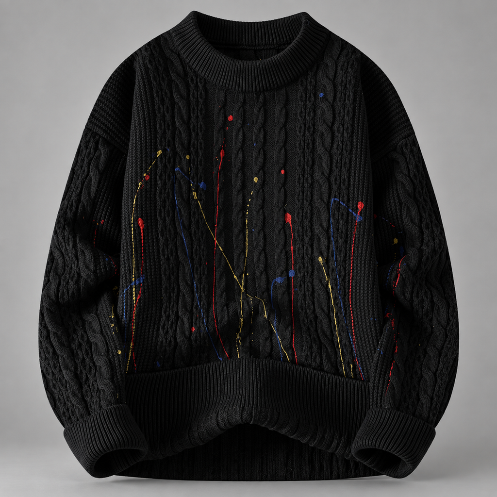 Emmett Cable Knit Crewneck Sweater with Multicolor Paint-Splatter Pattern