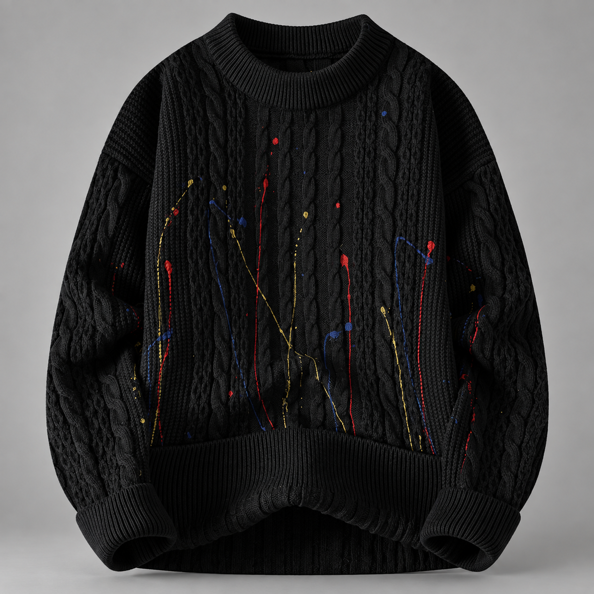 Emmett Cable Knit Crewneck Sweater with Multicolor Paint-Splatter Pattern