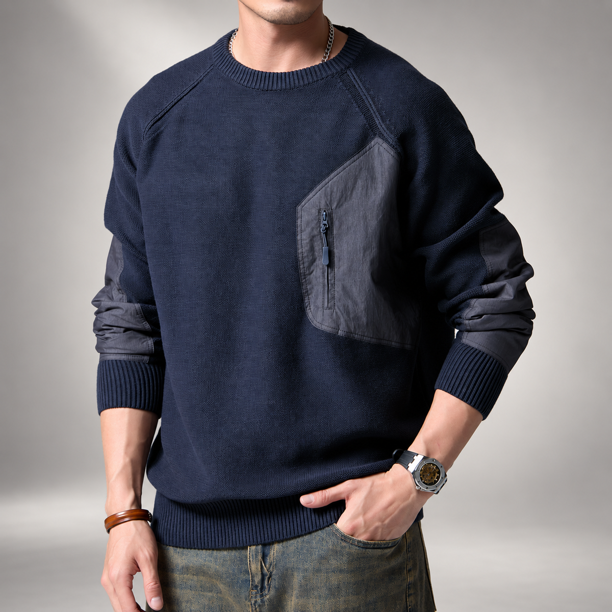 Luca Men’s Crewneck Sweater with Zip Chest Pocket