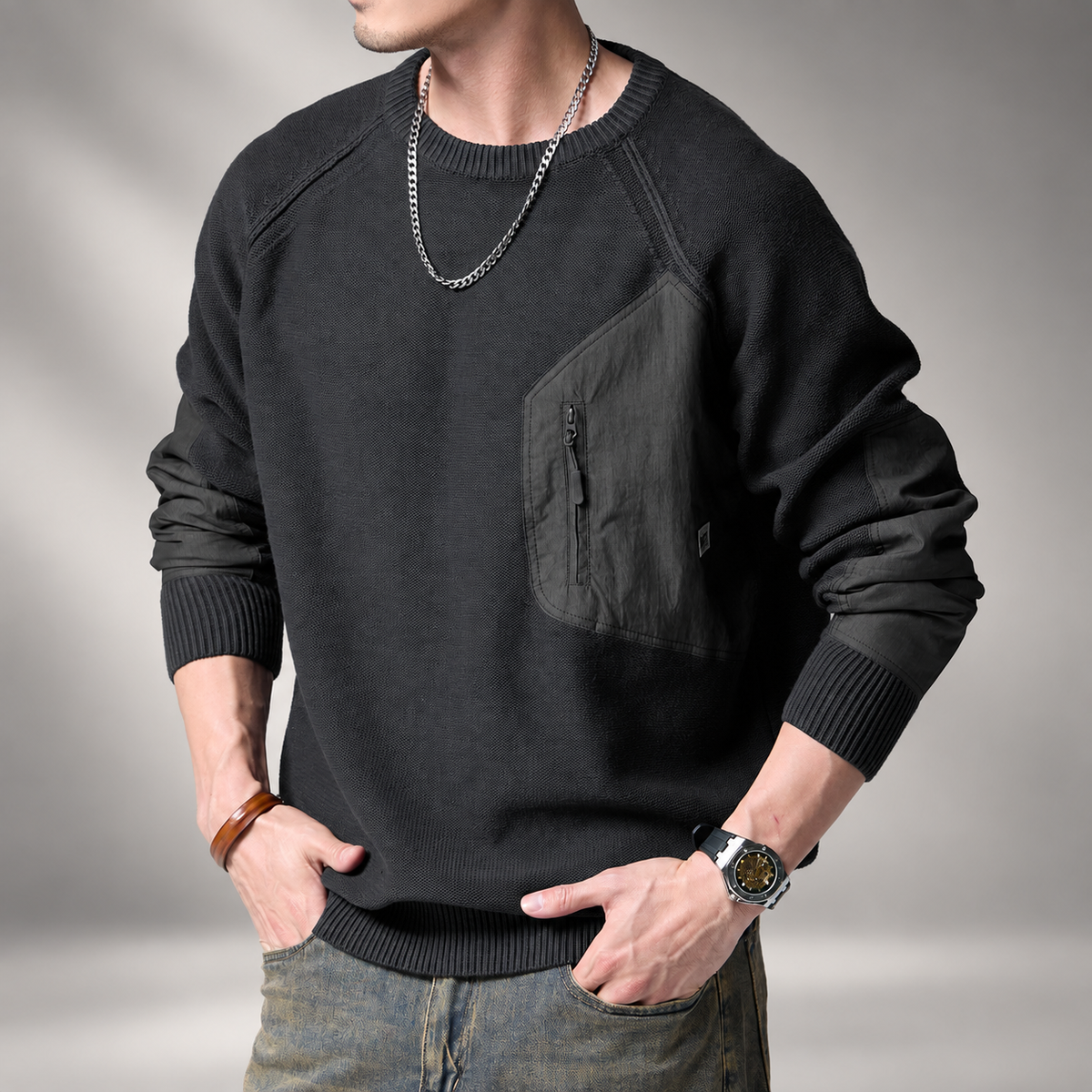 Luca Men’s Crewneck Sweater with Zip Chest Pocket