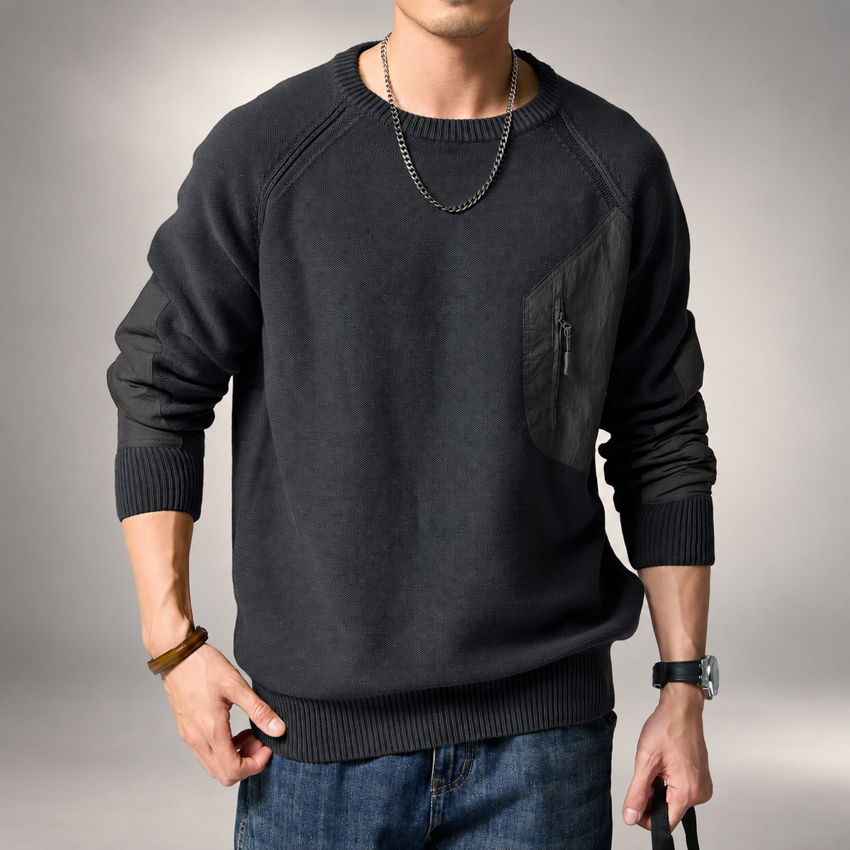 Luca Men’s Crewneck Sweater with Zip Chest Pocket