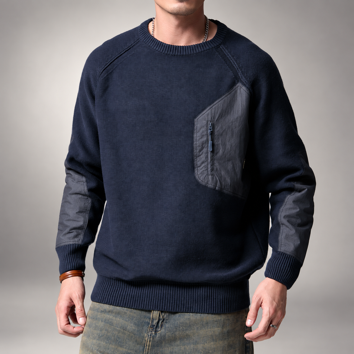 Luca Men’s Crewneck Sweater with Zip Chest Pocket