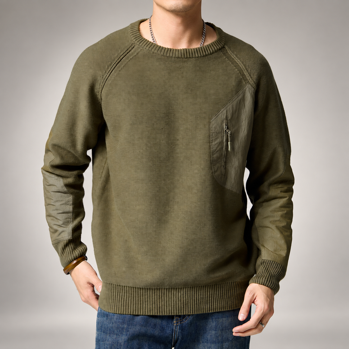 Luca Men’s Crewneck Sweater with Zip Chest Pocket