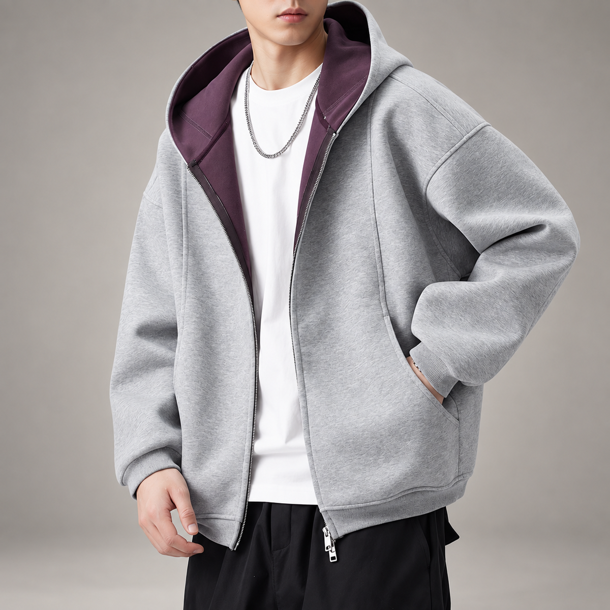 Rowan Men's Oversized Full-Zip Hoodie with Contrast-Lined Hood