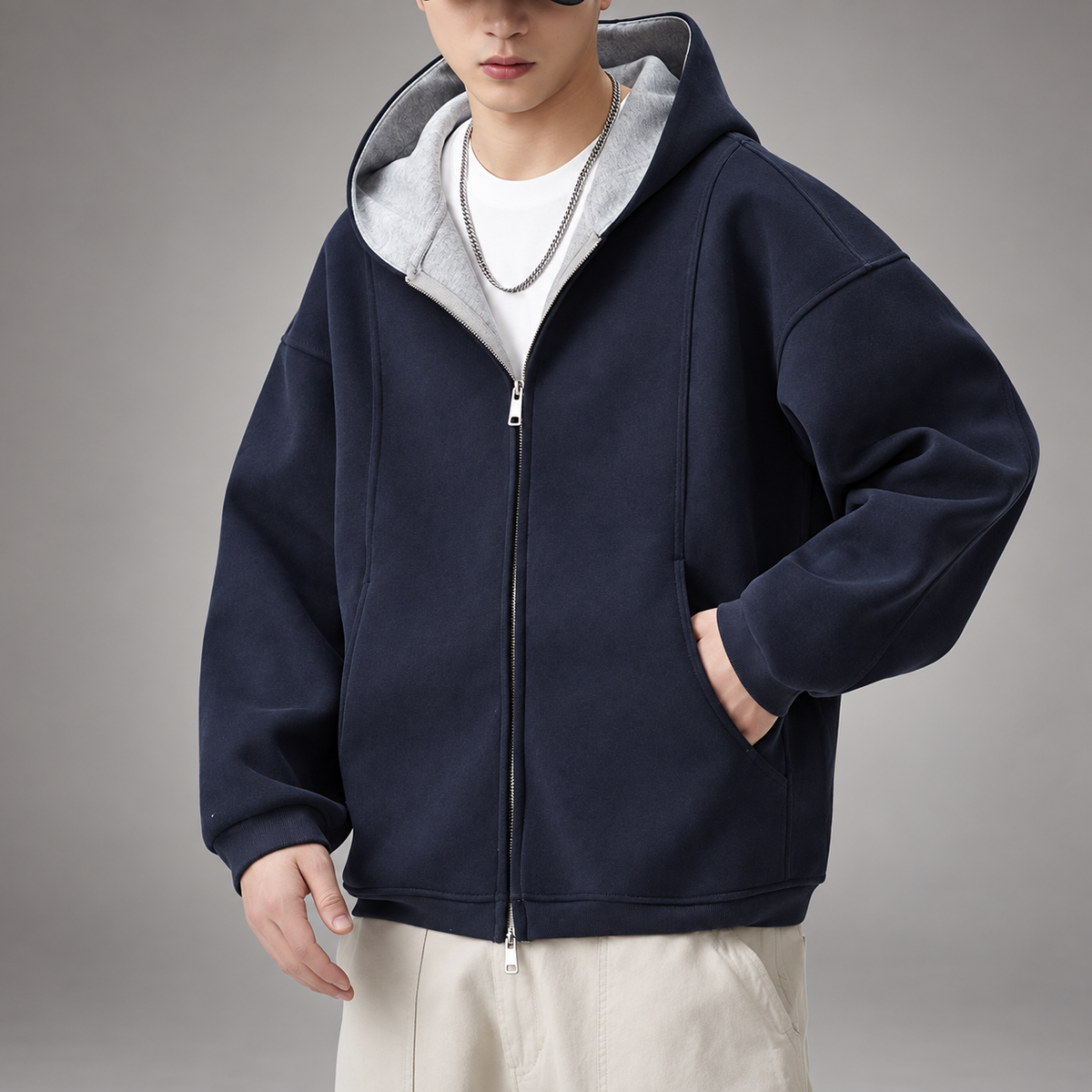 Rowan Men's Oversized Full-Zip Hoodie with Contrast-Lined Hood