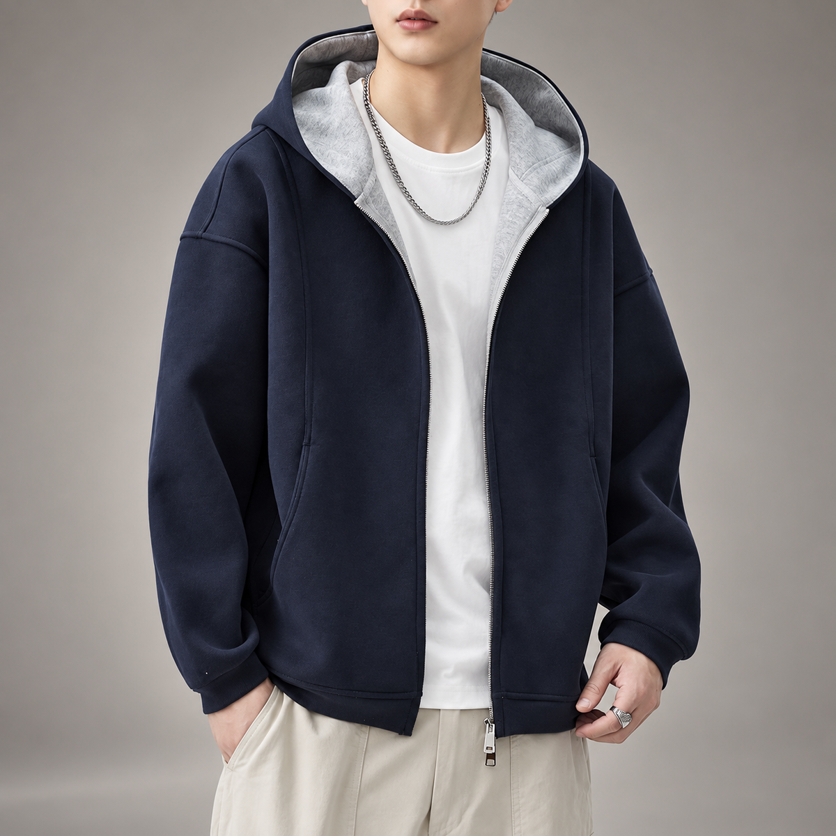 Rowan Men's Oversized Full-Zip Hoodie with Contrast-Lined Hood