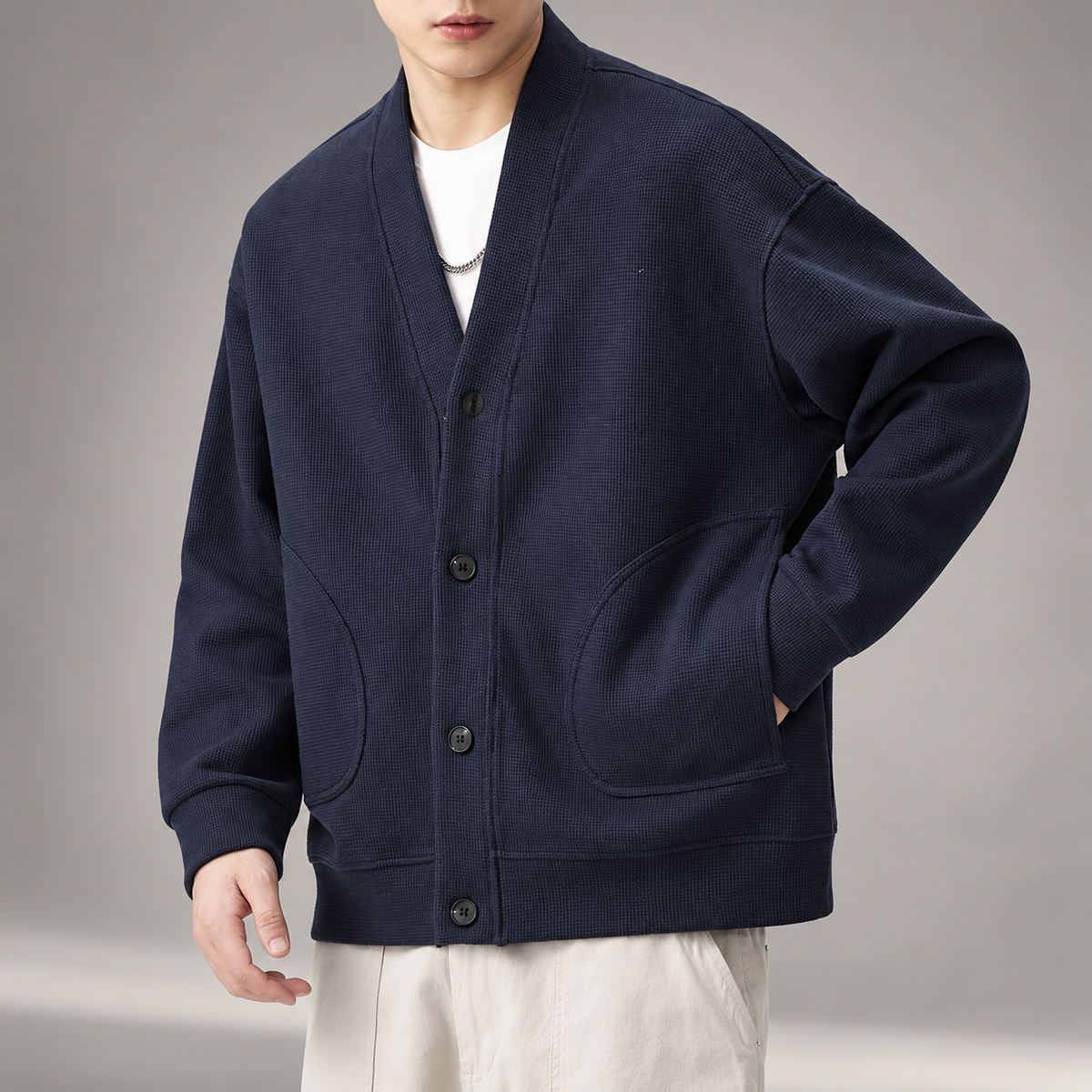 Adrian Men’s Textured V-Neck Cardigan with Patch Pockets
