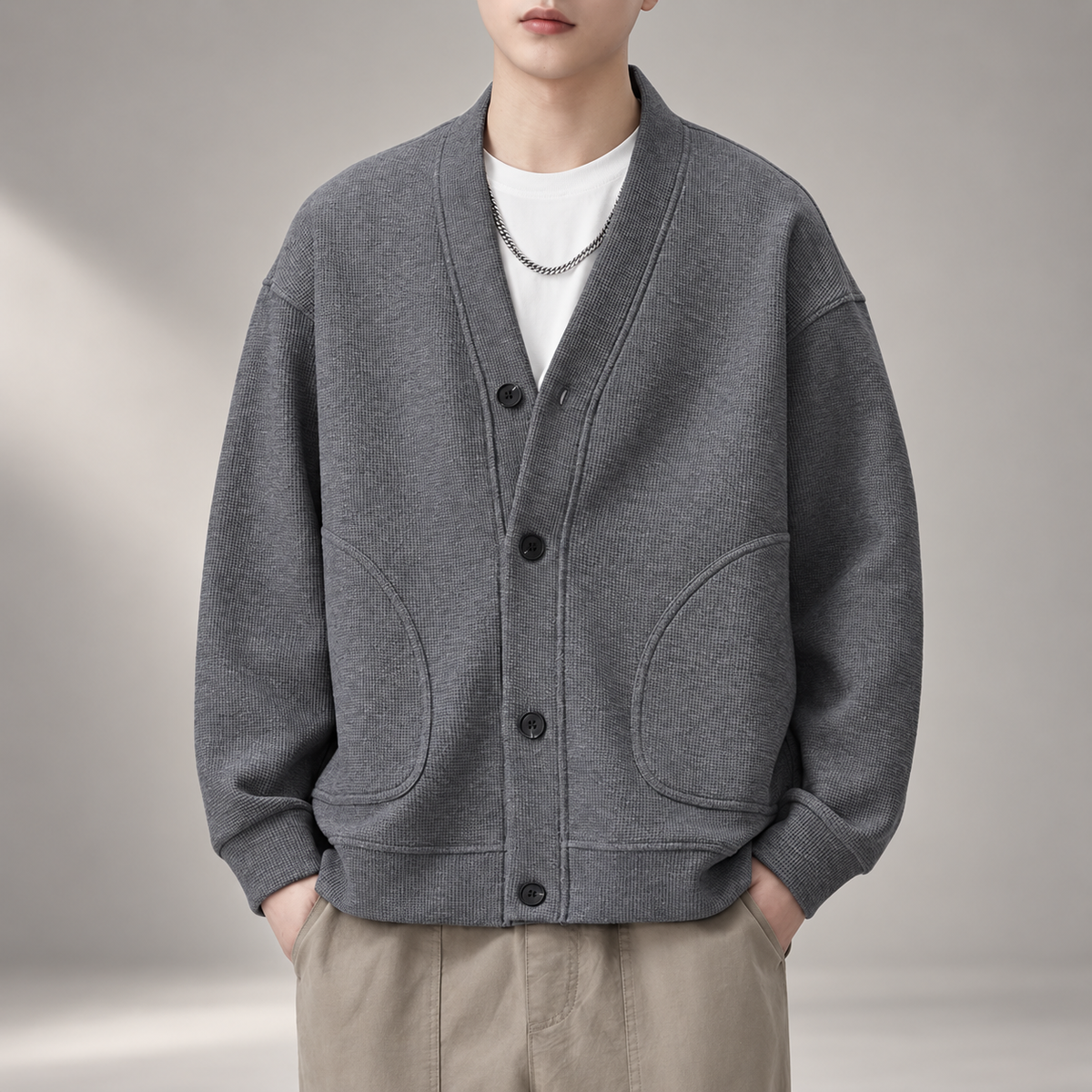 Adrian Men’s Textured V-Neck Cardigan with Patch Pockets