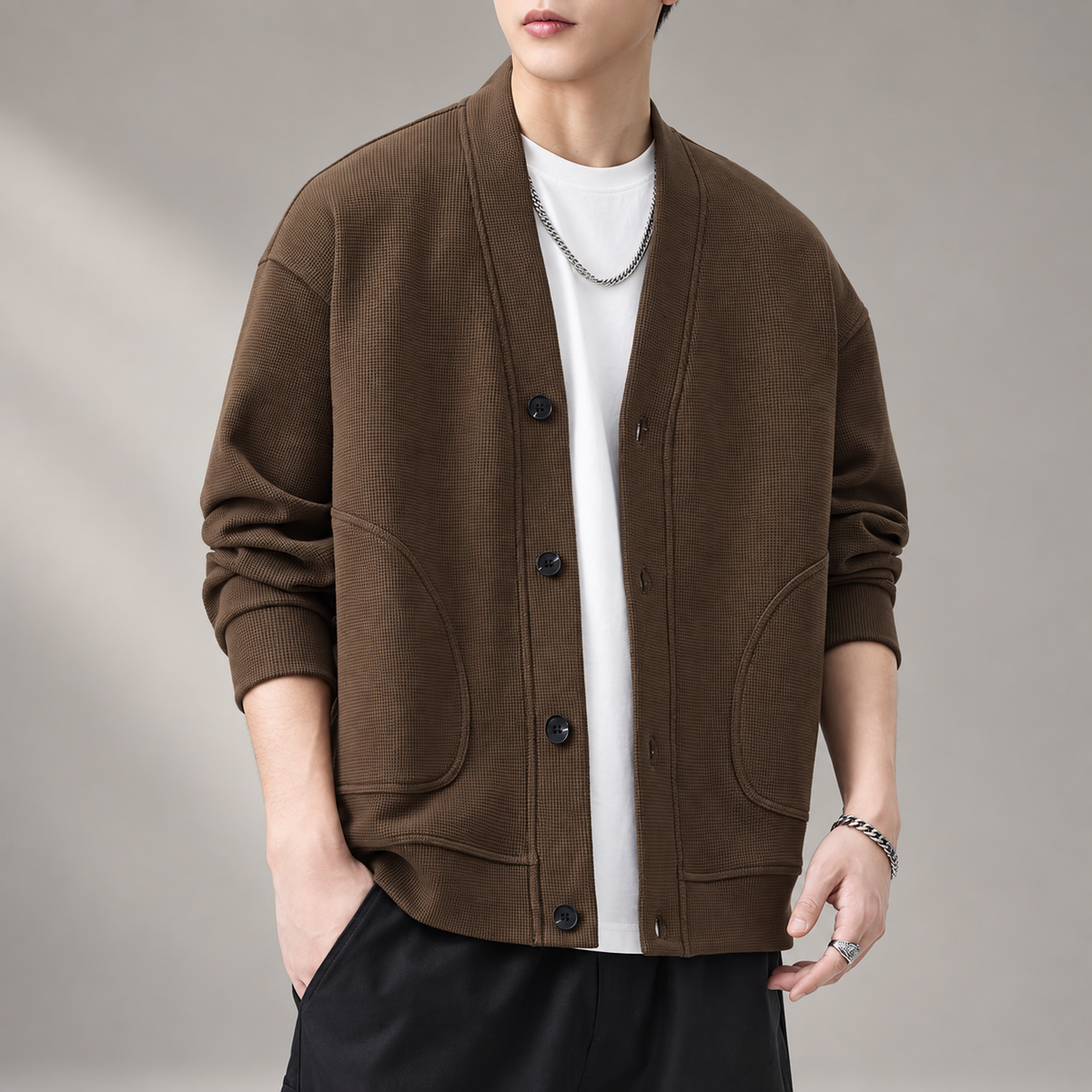 Adrian Men’s Textured V-Neck Cardigan with Patch Pockets