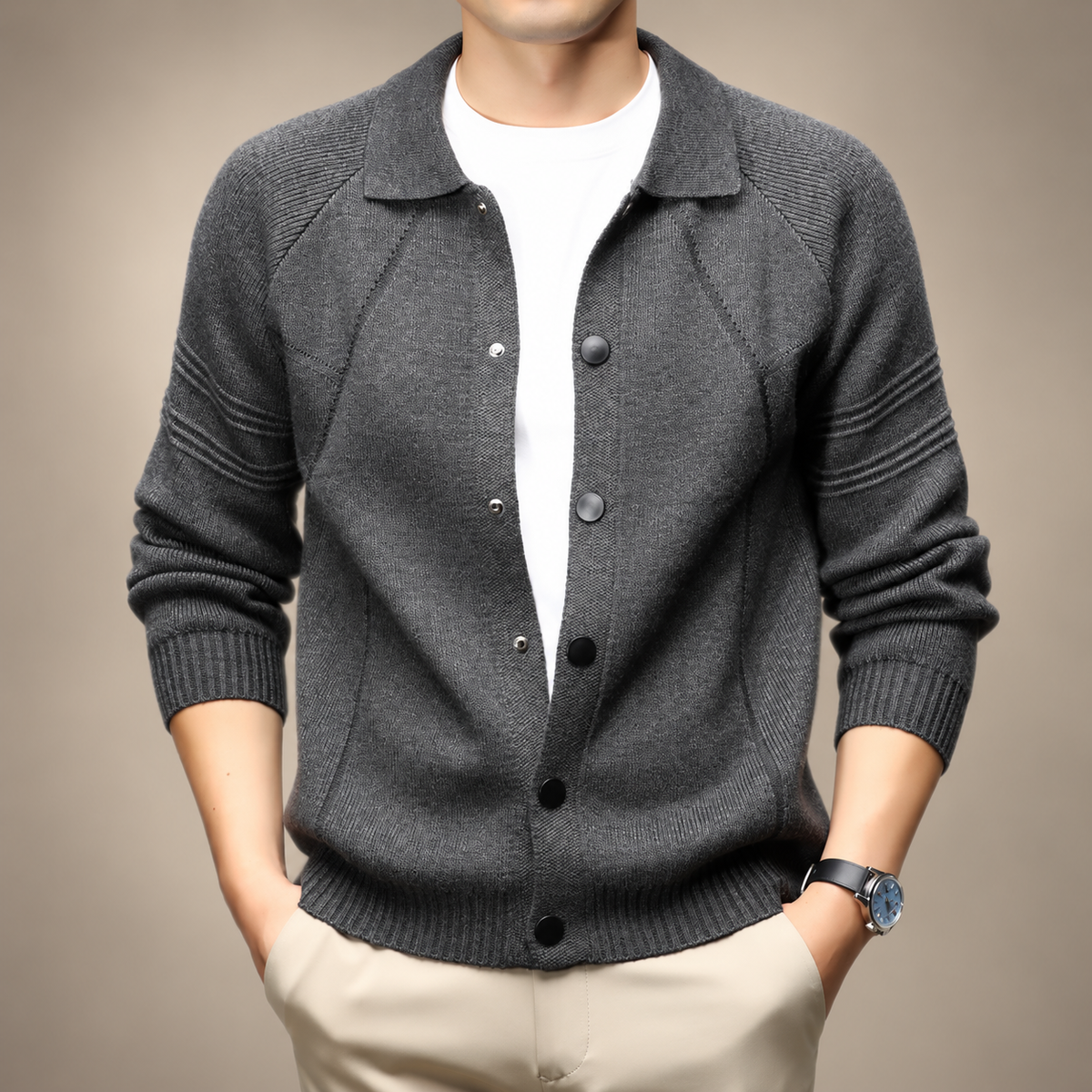 Matteo Men’s Collared Knit Cardigan with Snap Buttons