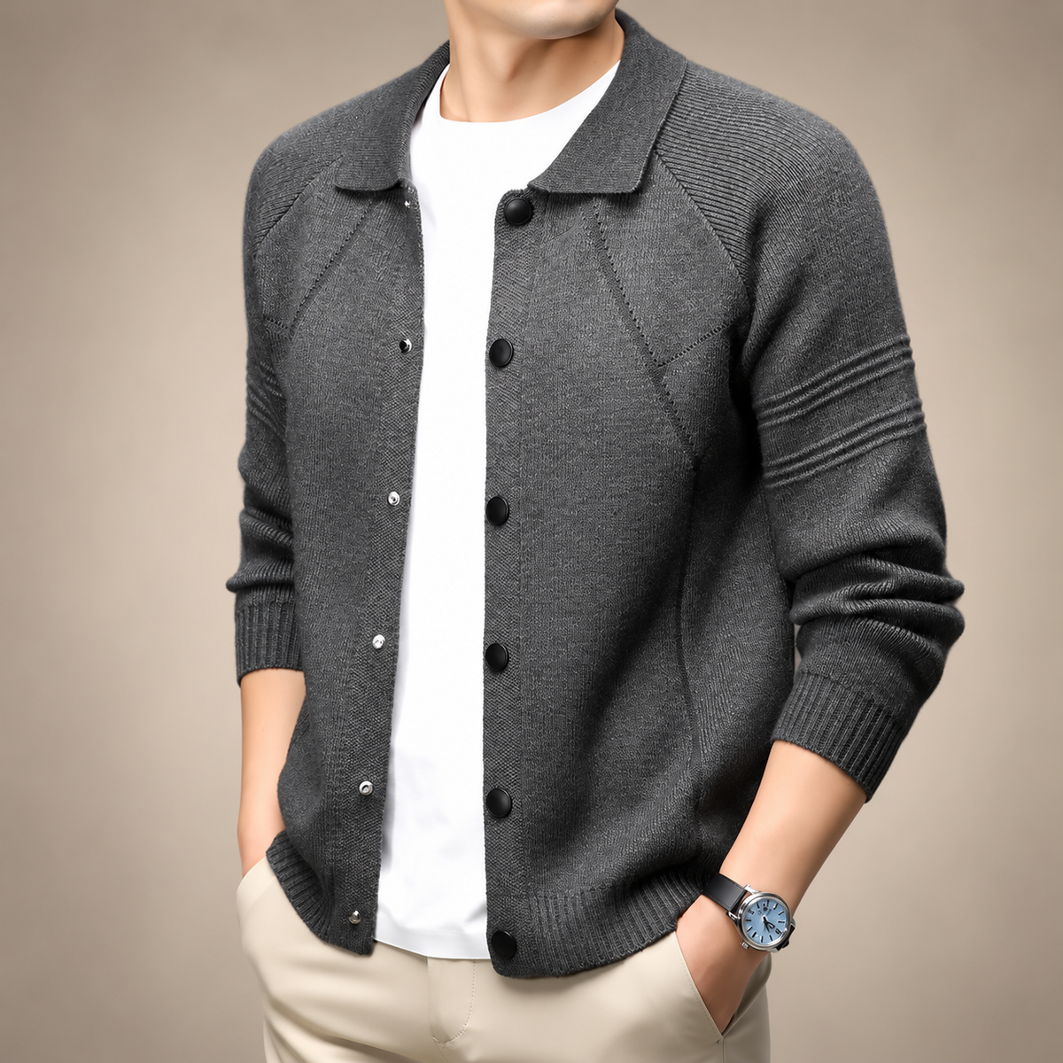 Matteo Men’s Collared Knit Cardigan with Snap Buttons