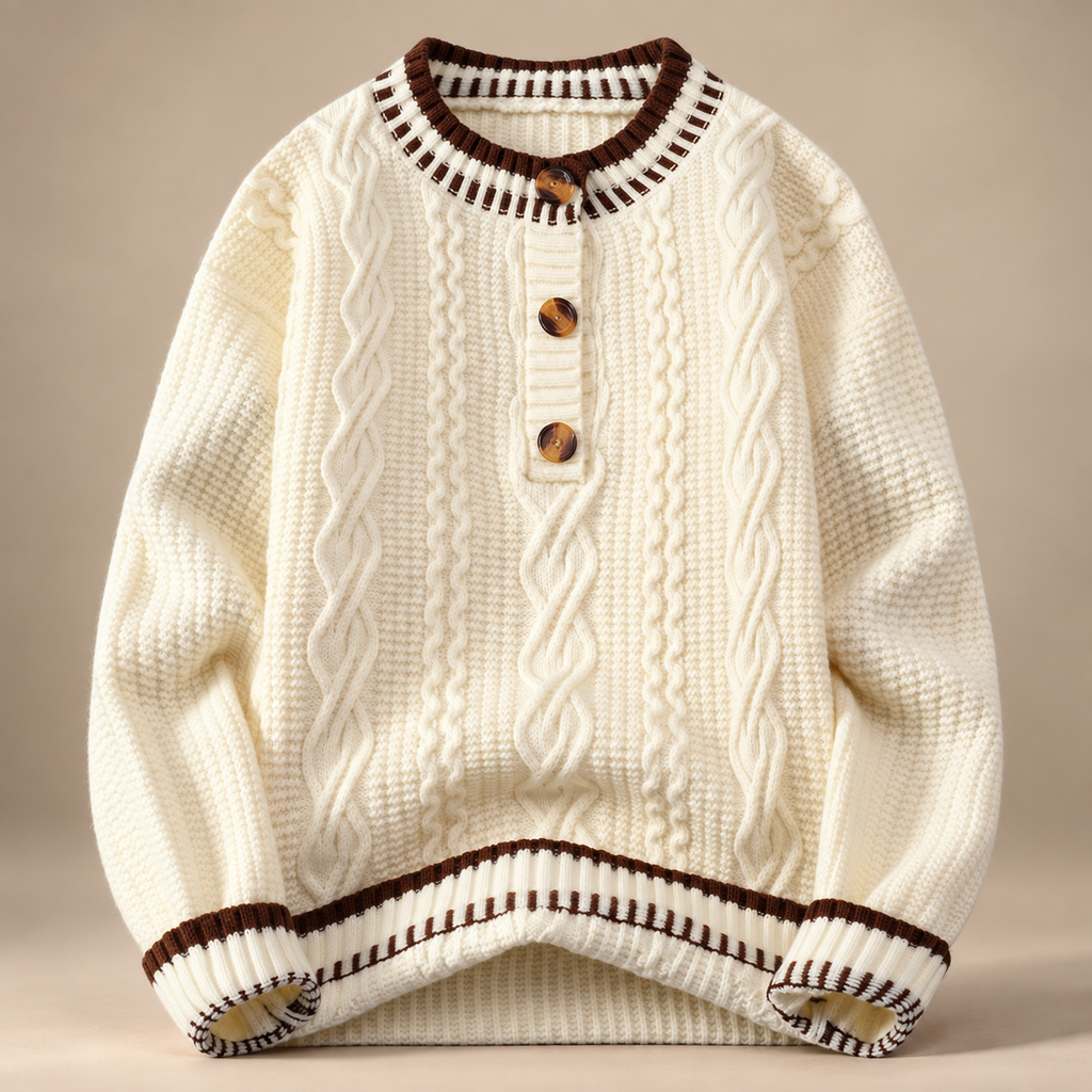 Matteo Cable Knit Button Neck Sweater