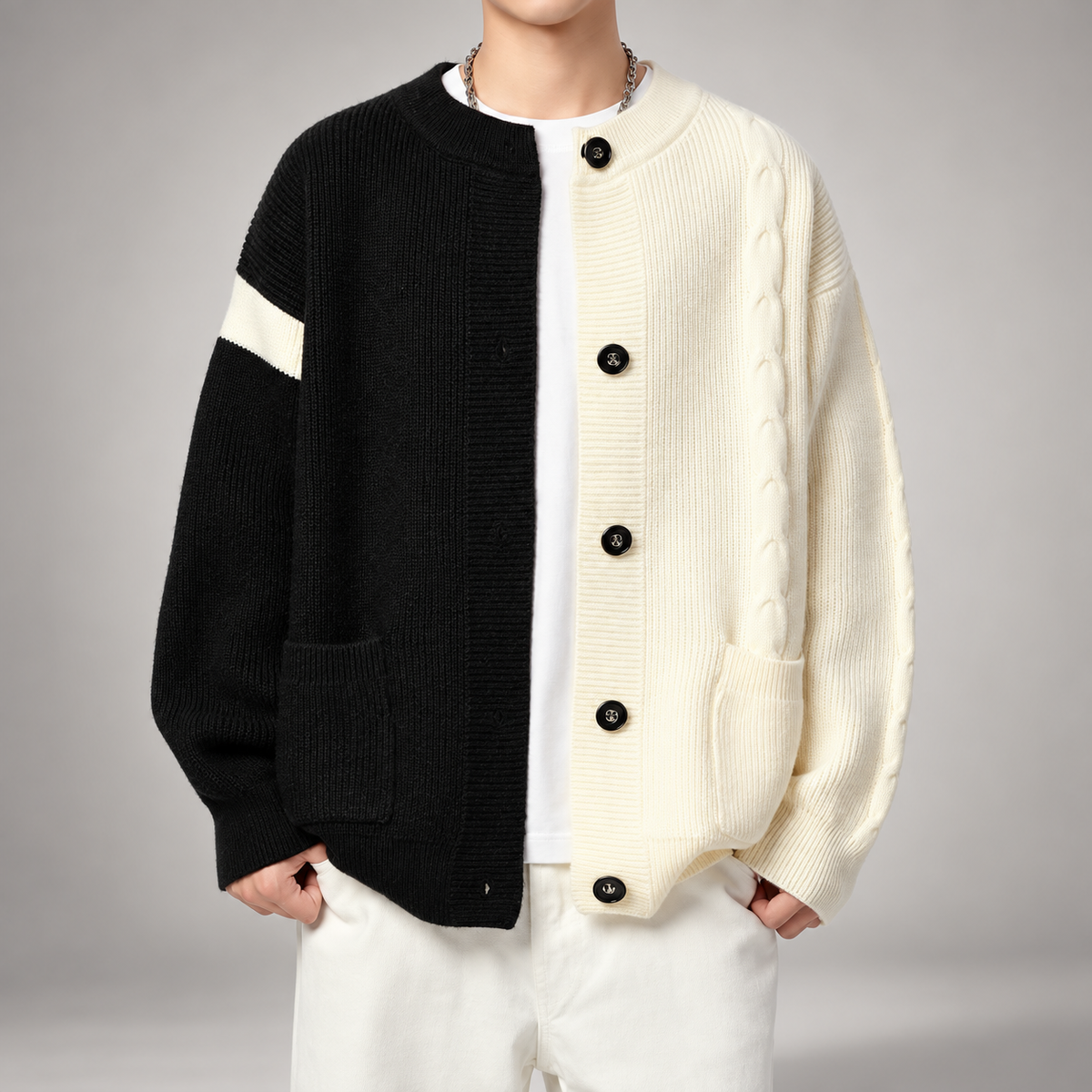 Liam Two-Tone Knit Cardigan with Front Pockets