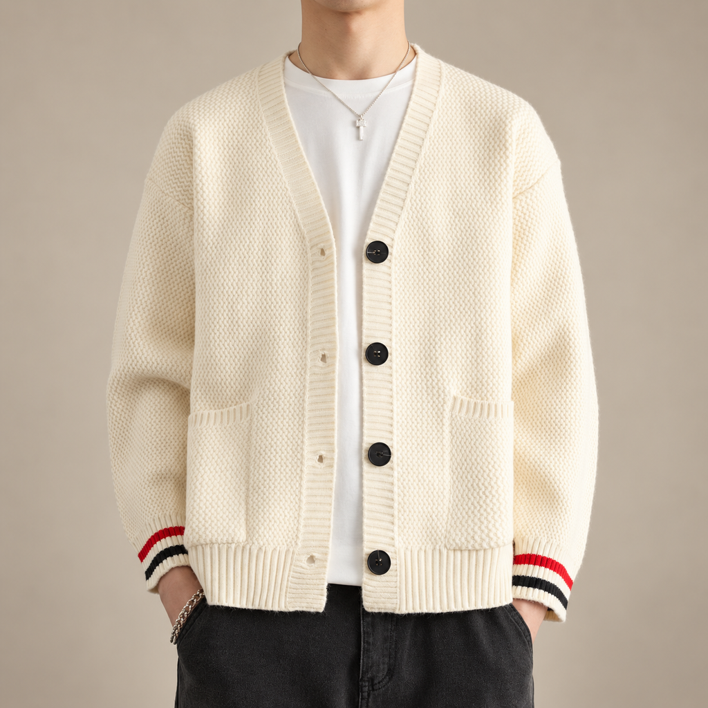 Ellis V-Neck Knit Cardigan with Striped Cuffs