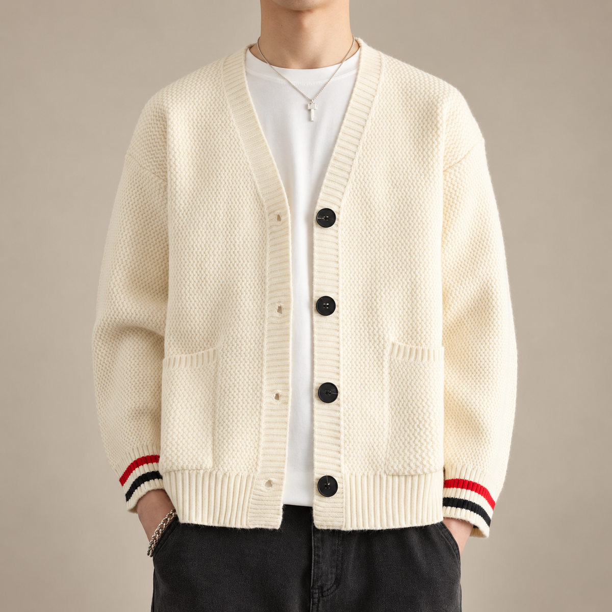 Ellis V-Neck Knit Cardigan with Striped Cuffs