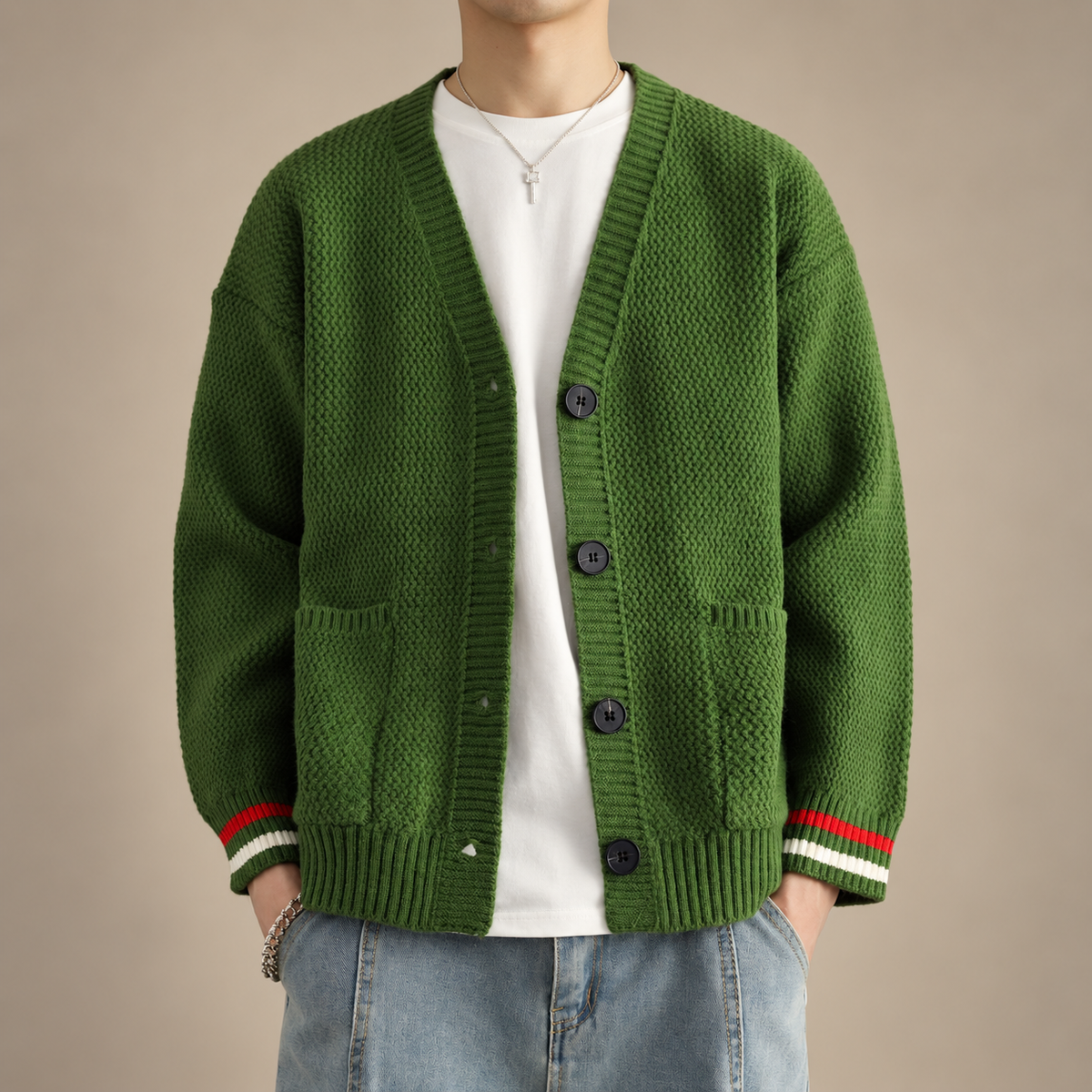Ellis V-Neck Knit Cardigan with Striped Cuffs