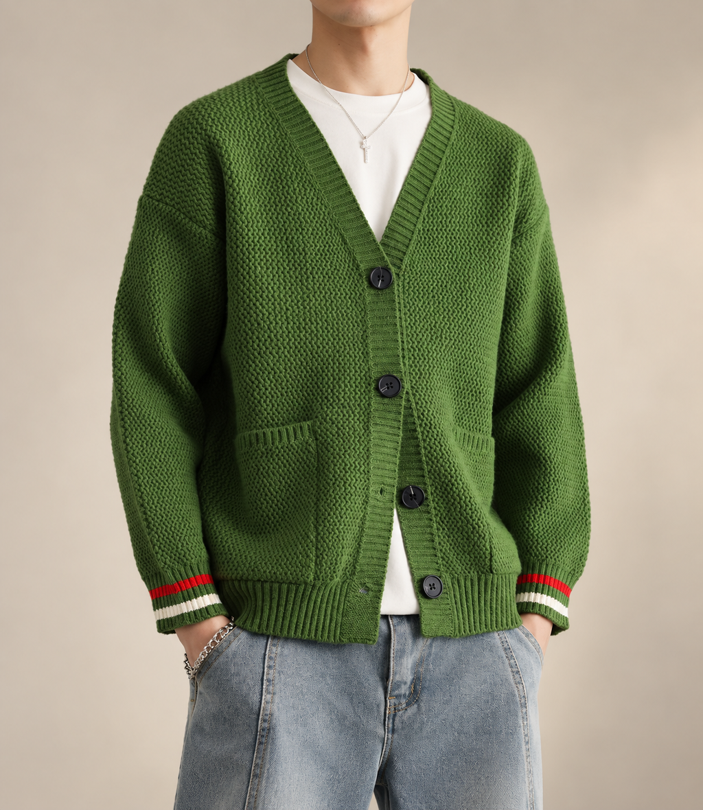 Ellis V-Neck Knit Cardigan with Striped Cuffs