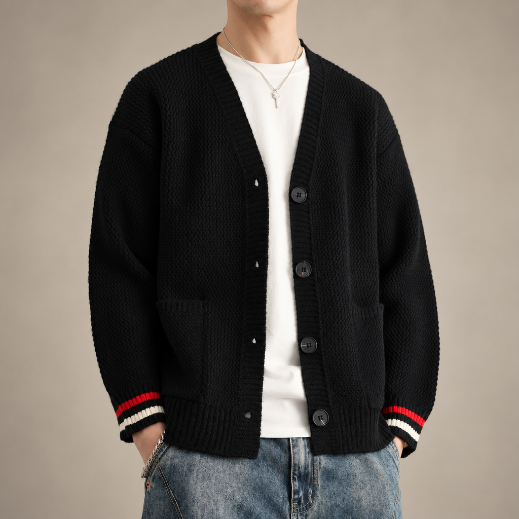 Ellis V-Neck Knit Cardigan with Striped Cuffs