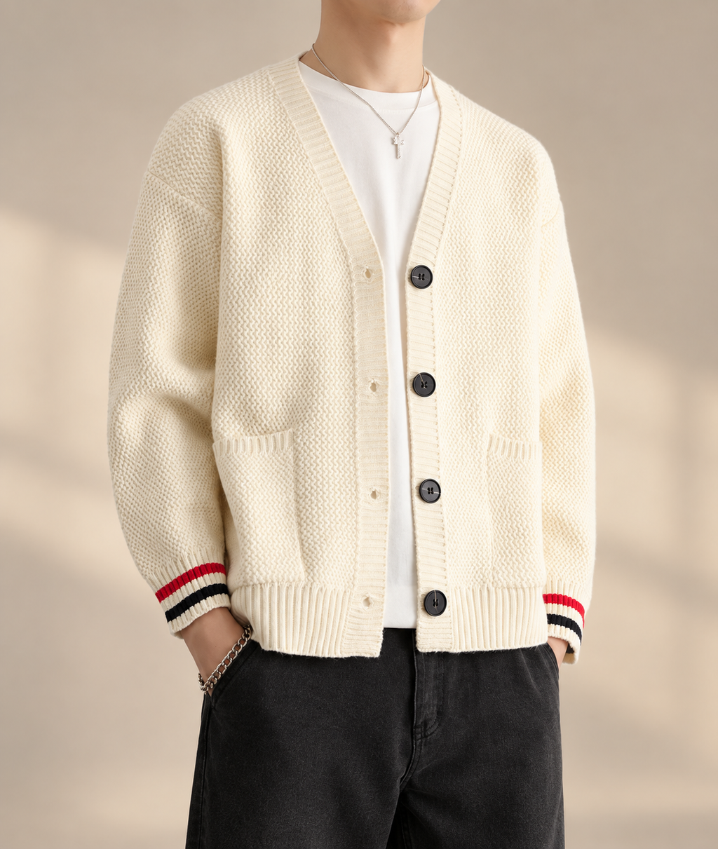 Ellis V-Neck Knit Cardigan with Striped Cuffs