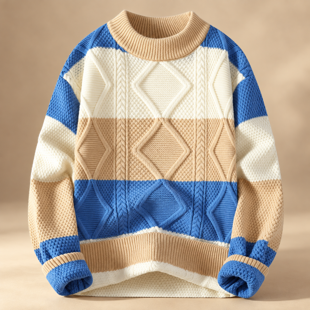 David Colorblock Cable Knit Crewneck Sweater