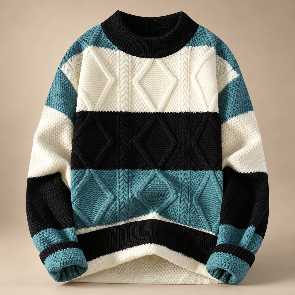 David Colorblock Cable Knit Crewneck Sweater