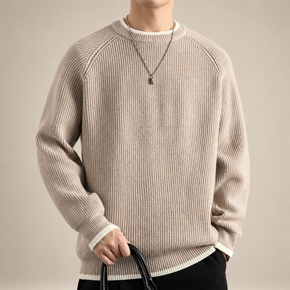 Lucan Men’s Ribbed Crewneck Sweater with Contrast Trim