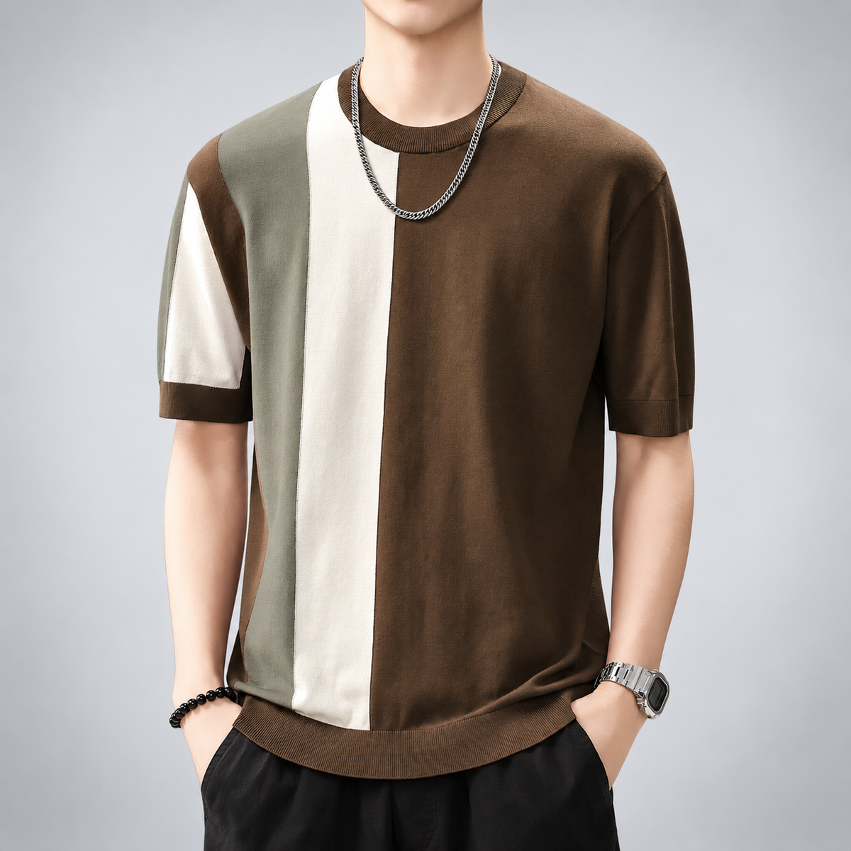 Cosmin Men's Color Block Short Sleeve Knit Crewneck Shirt