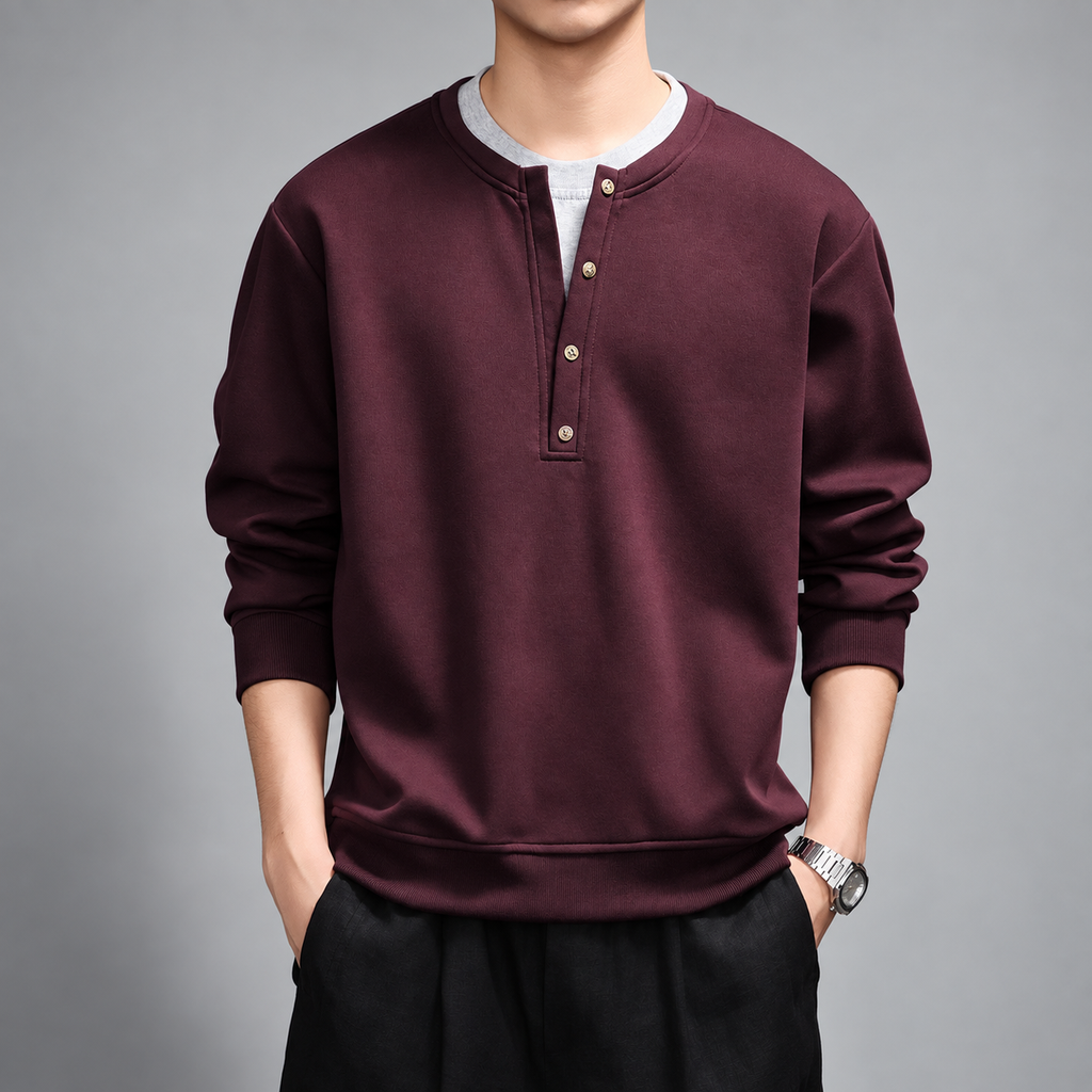 Clemente Men's Long-Sleeve Henley Pullover with Ribbed Hem