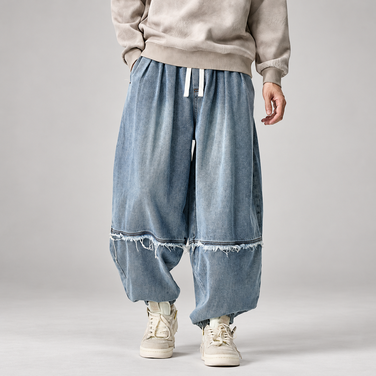 Alistair Men’s Balloon Fit Denim Joggers with Frayed Seams