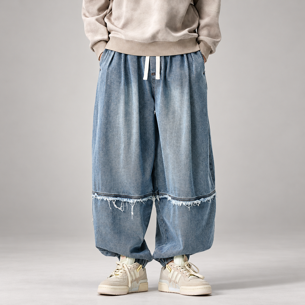 Alistair Men’s Balloon Fit Denim Joggers with Frayed Seams