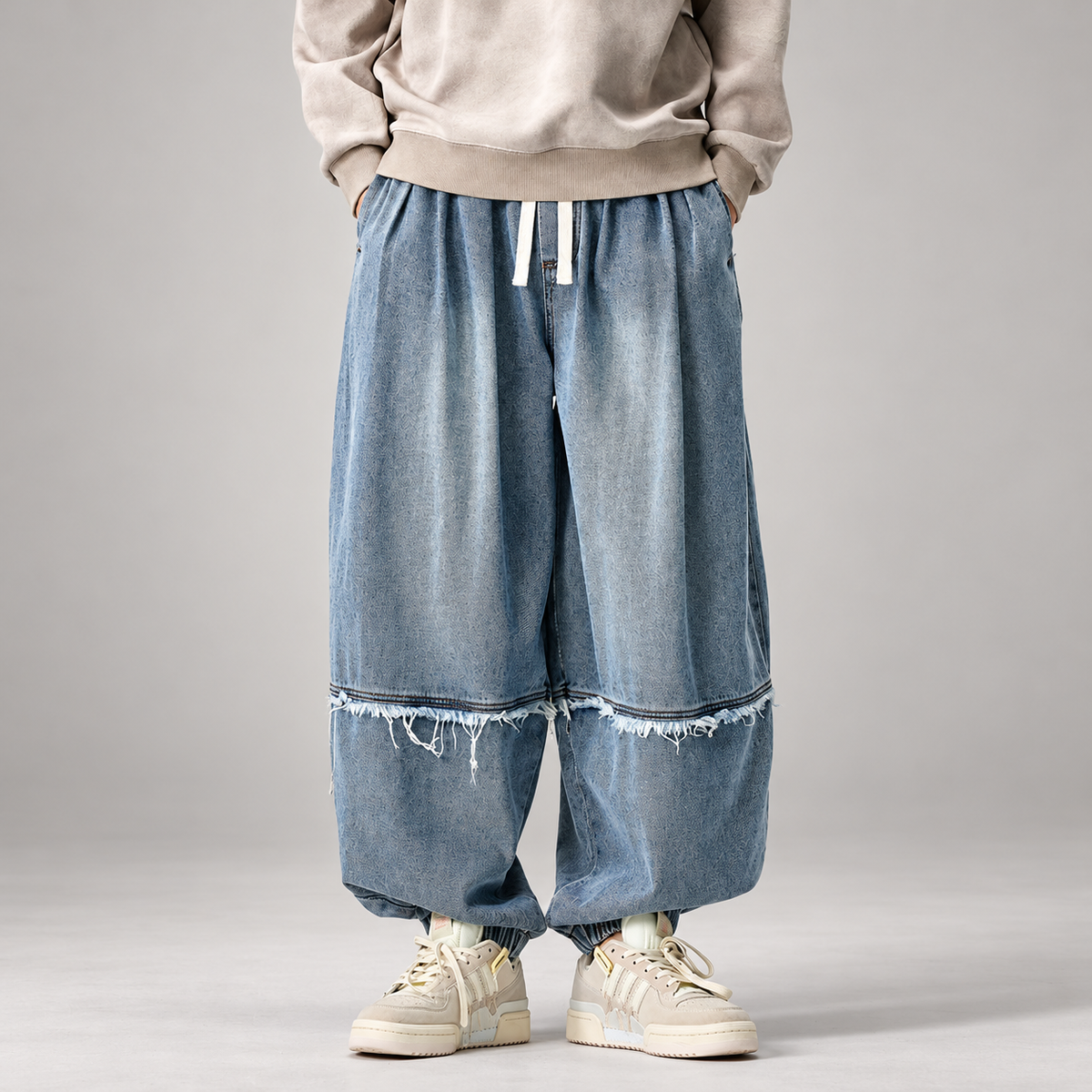 Alistair Men’s Balloon Fit Denim Joggers with Frayed Seams