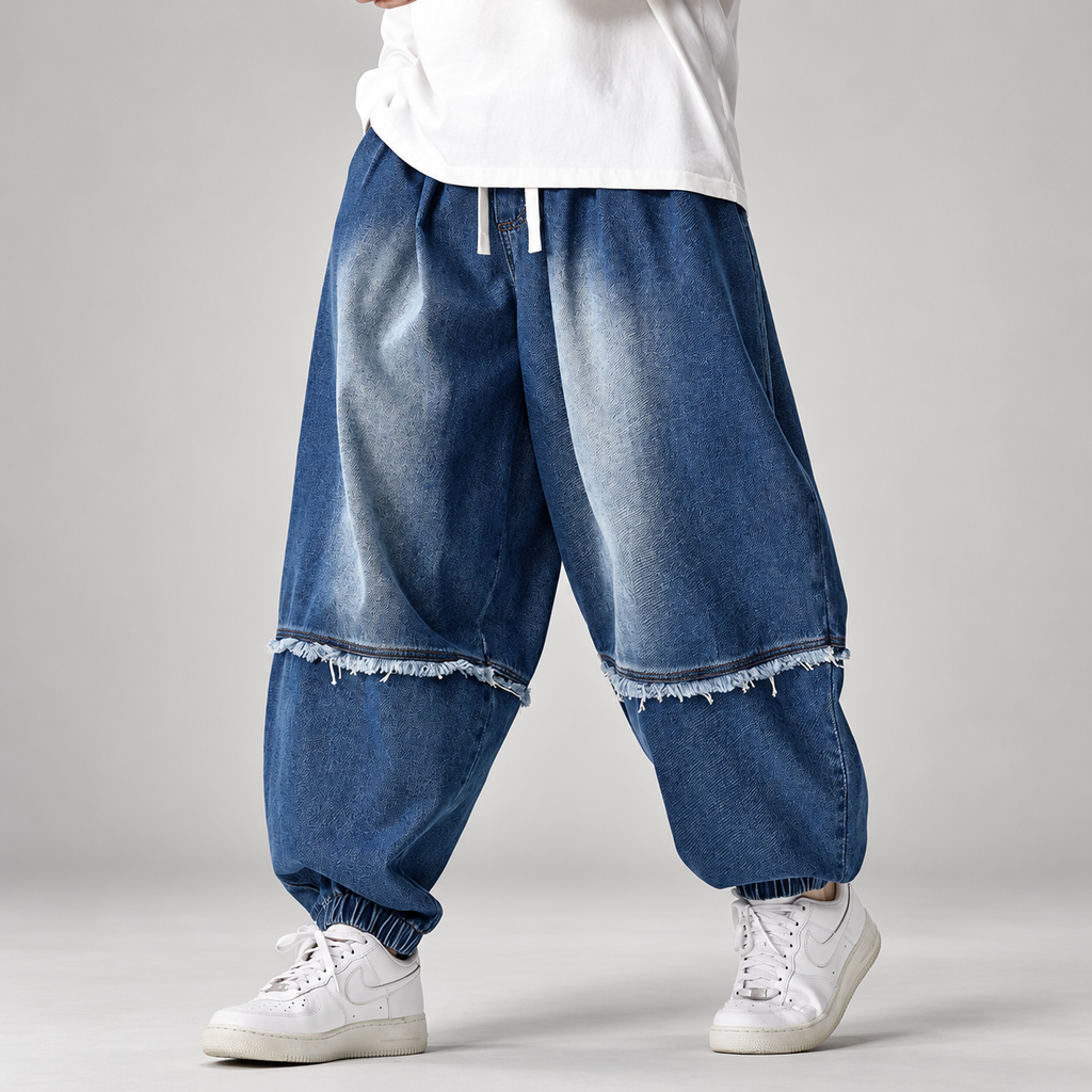 Alistair Men’s Balloon Fit Denim Joggers with Frayed Seams