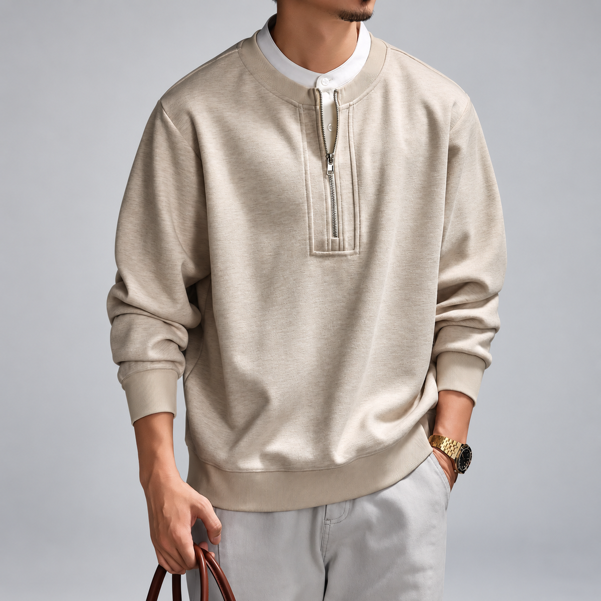 Severino Men's Textured Half-Zip Pullover with Ribbed Trim