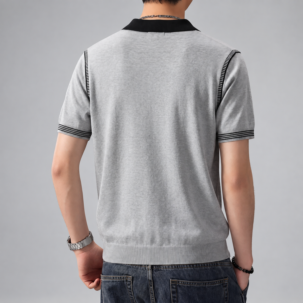 Fineas Men's Short Sleeve Knit Polo Shirt with Contrast Collar