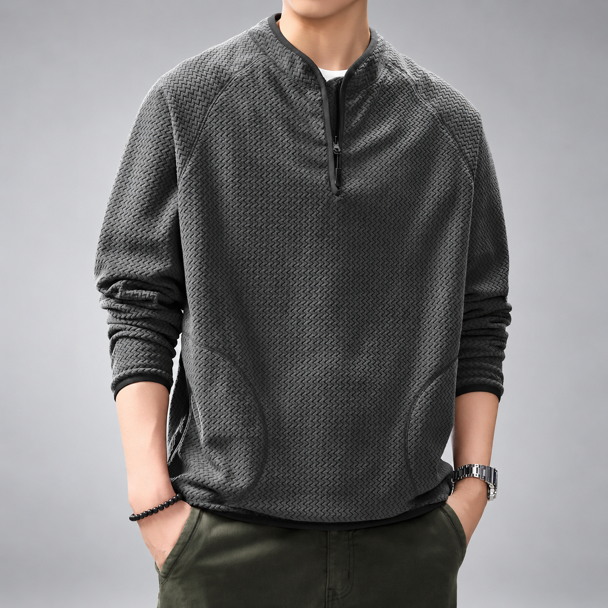 Ermes Men's Zigzag Textured Quarter-Zip Pullover with Stand Collar