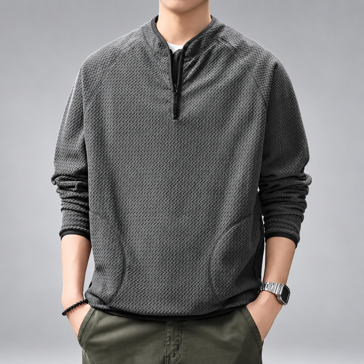 Ermes Men's Zigzag Textured Quarter-Zip Pullover with Stand Collar