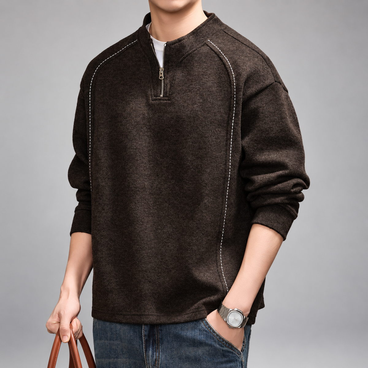Everett Men's Marled Quarter-Zip Pullover with Contrast Stitching