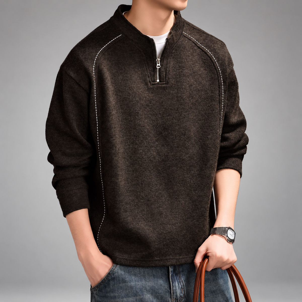 Everett Men's Marled Quarter-Zip Pullover with Contrast Stitching