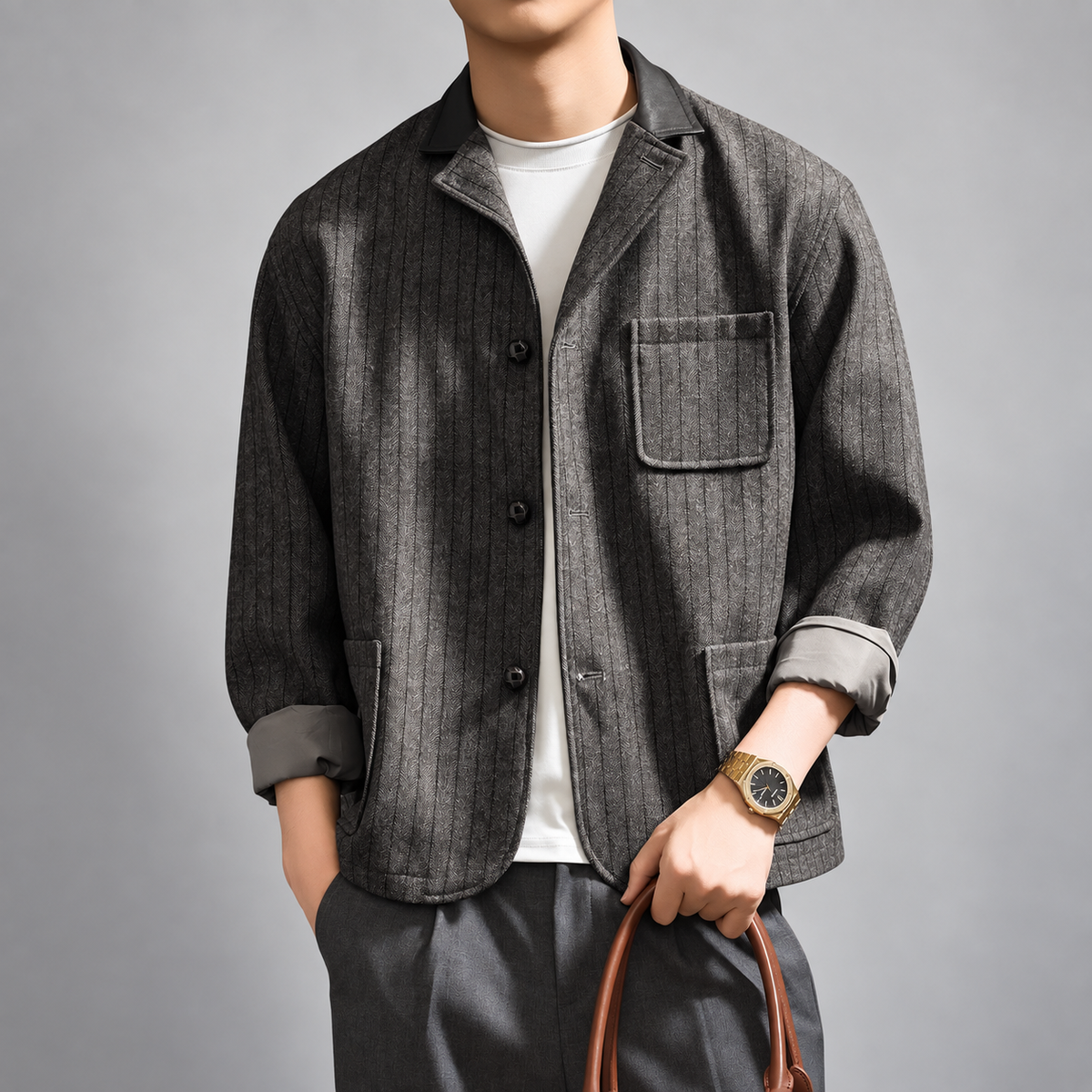 Giles Herringbone Men's Stripe Jacket with Contrast Collar