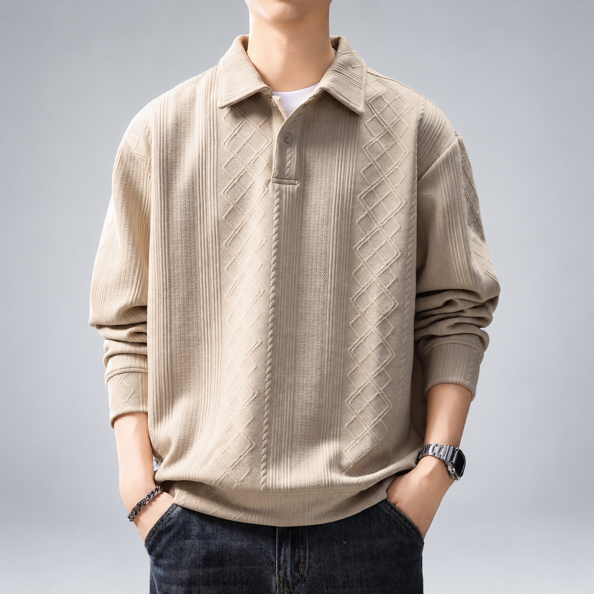 Elliot Men's Diamond Textured Long Sleeve Polo Pullover