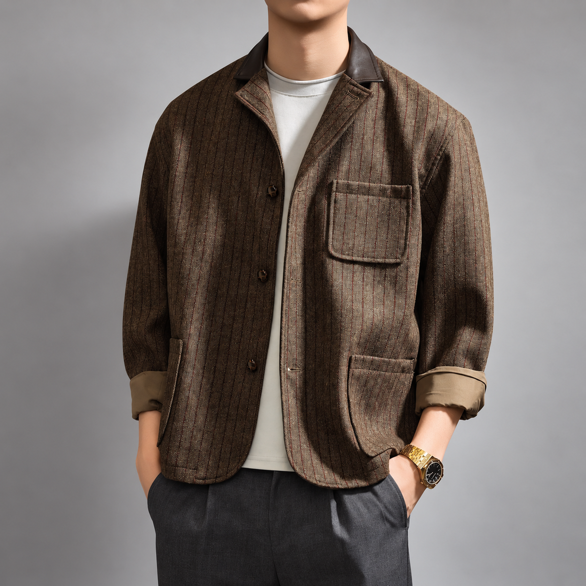 Giles Herringbone Men's Stripe Jacket with Contrast Collar
