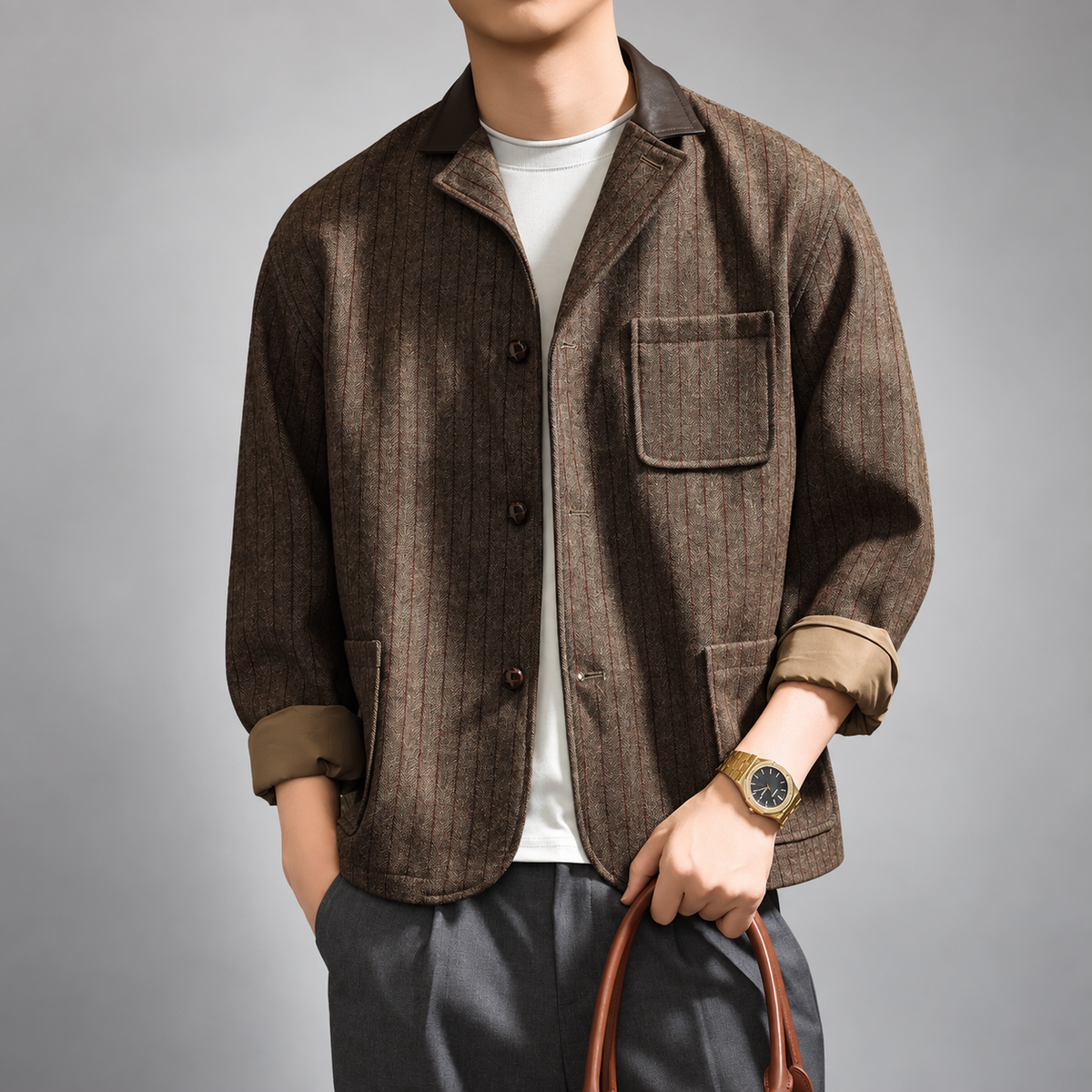 Giles Herringbone Men's Stripe Jacket with Contrast Collar
