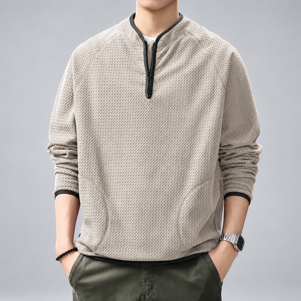 Ermes Men's Zigzag Textured Quarter-Zip Pullover with Stand Collar