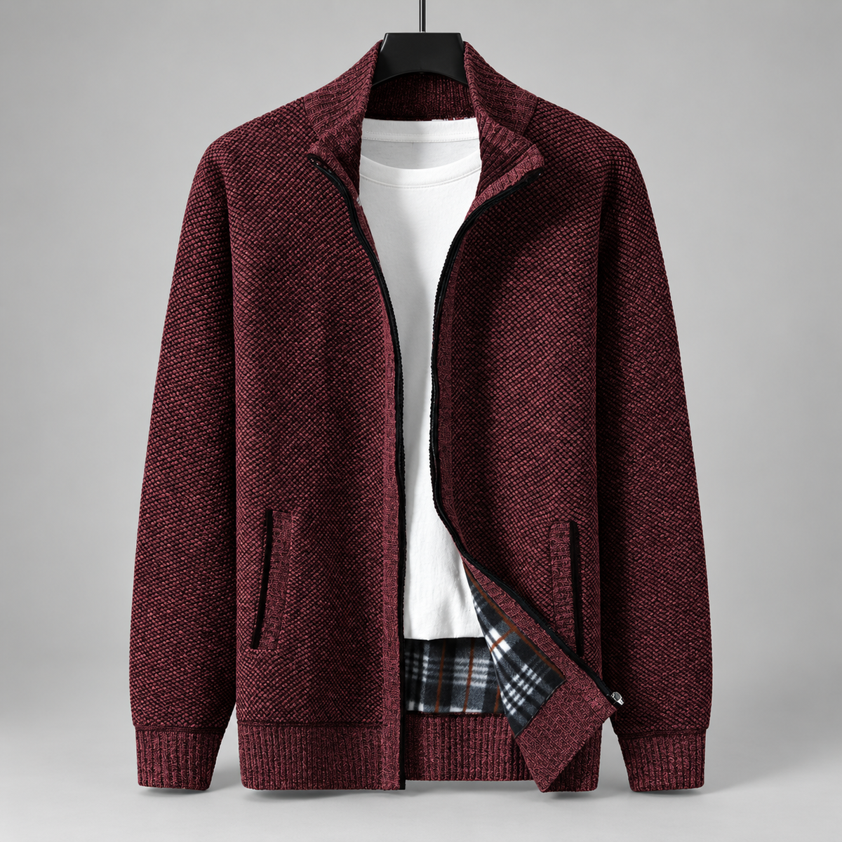 Ashford Men's Textured Knit Full-Zip Cardigan with Stand Collar