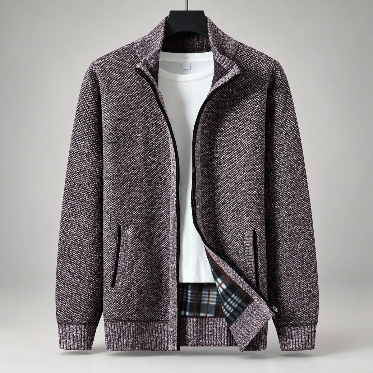 Ashford Men's Textured Knit Full-Zip Cardigan with Stand Collar