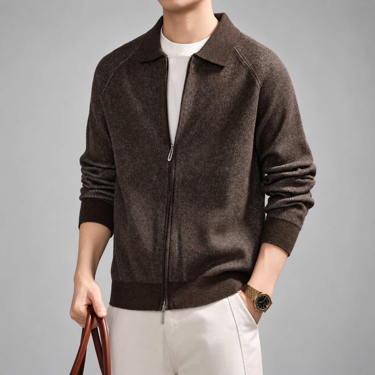 Novan Men's Marled Ribbed Knit Zip Cardigan