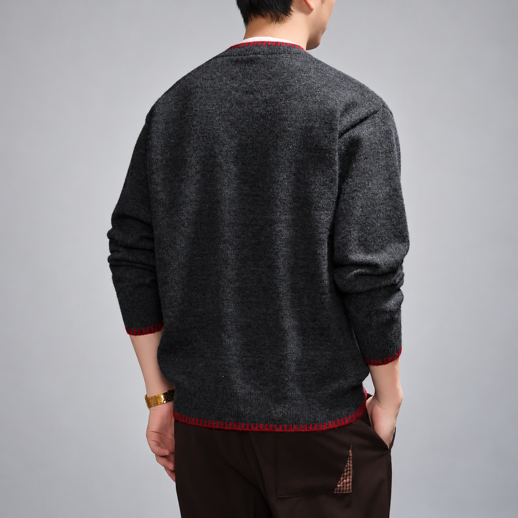 Montaro Men's Notch-Neck Knit Sweater with Red Contrast Trim