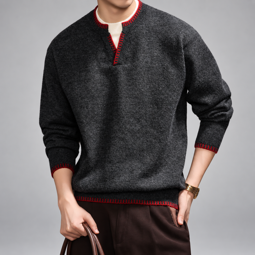 Montaro Men's Notch-Neck Knit Sweater with Red Contrast Trim